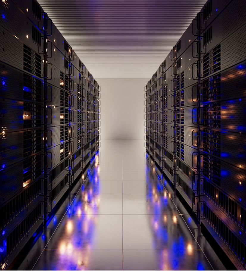 Data center server room corridor with illuminated server racks and blue lighting